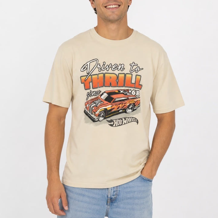 Hot Wheels Driven to Thrill Since 68 Graphic T-Shirt Cream Mens Large L