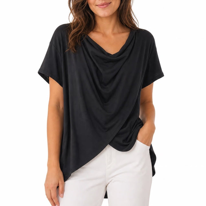 Black Draped Crossover Hooded Short Sleeve Top Athleisure Relaxed Fit
