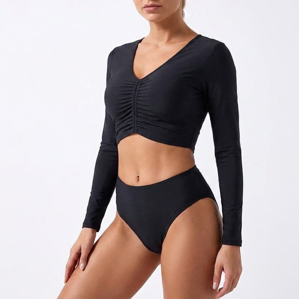 Calia Black Ruched Front Long Sleeve Crop Top V-Neck Womens XS