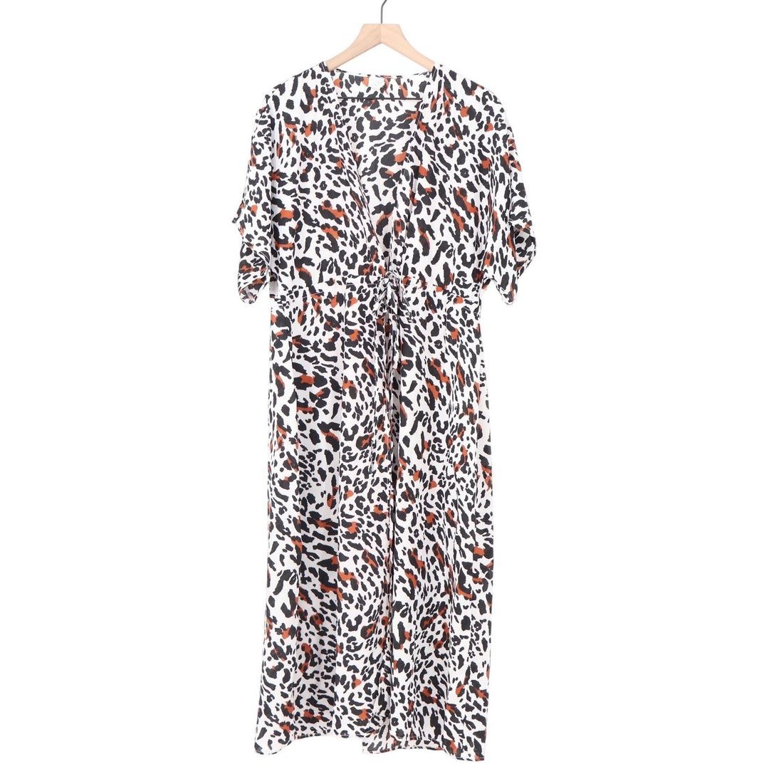 Leopard Animal Print Maxi Dress V-Neck Drawstring Waist Short Sleeve XL