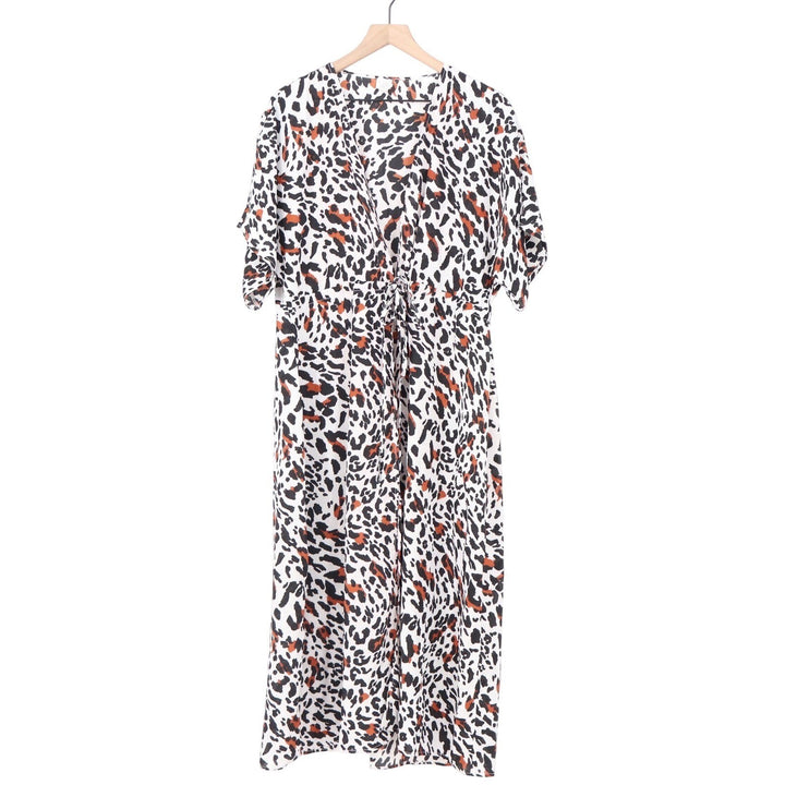 Leopard Animal Print Maxi Dress V-Neck Drawstring Waist Short Sleeve XL