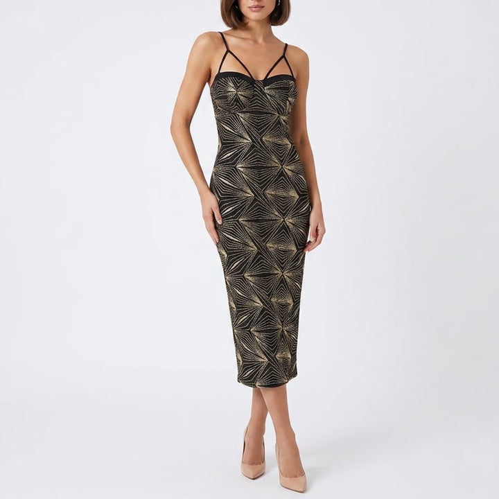 Codigo Black Gold Glitter Sunburst Multi Strap Bodycon Midi Dress Large