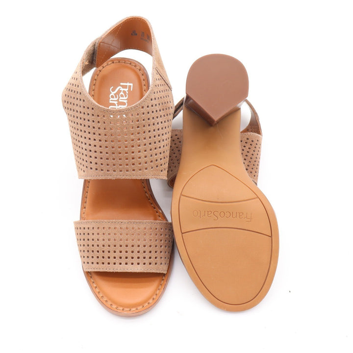 Franco Sarto Delores Tan Perforated Suede Block Heel Sandals Womens 8.5M
