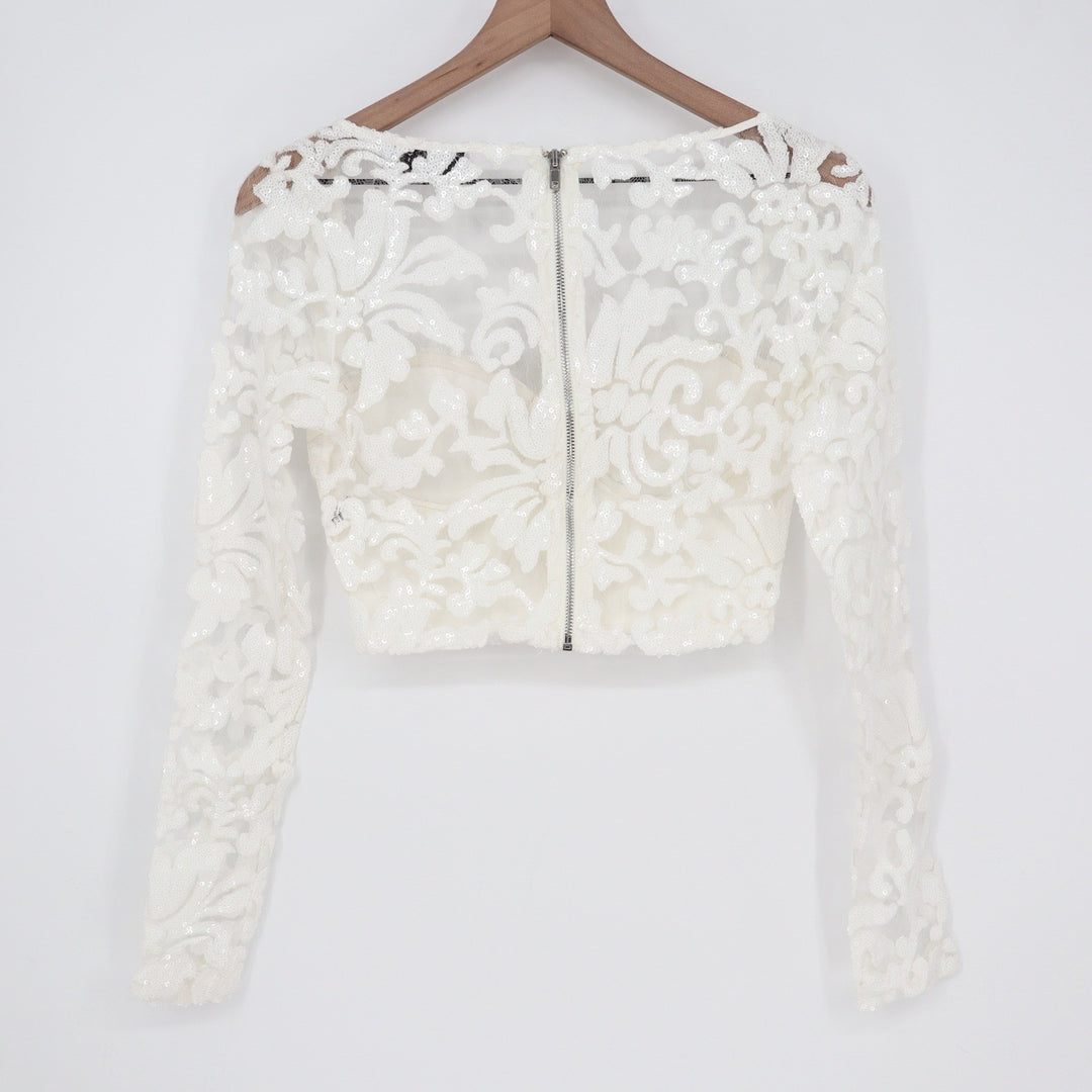 Naked Wardrobe The Statement White Sequin Lace Crop Top Small Long Sleeve