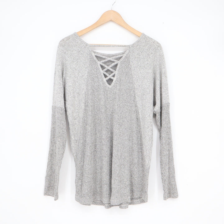 SO Womens Gray Ribbed Mixed Media Long Sleeve Top Strappy Back Size M