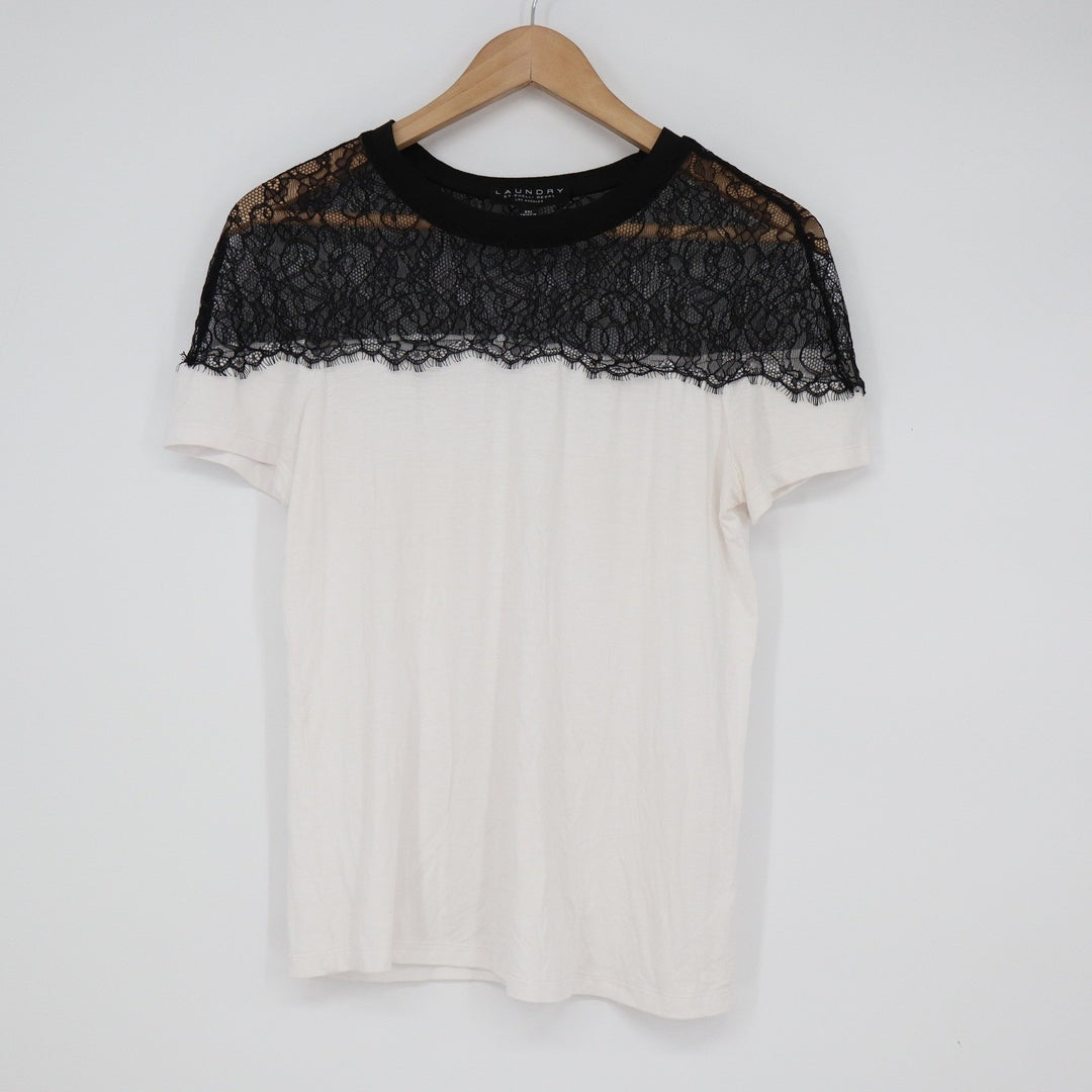 Laundry by Shelli Segal XS Cream Black Lace Yoke Short Sleeve Top L1KS2004