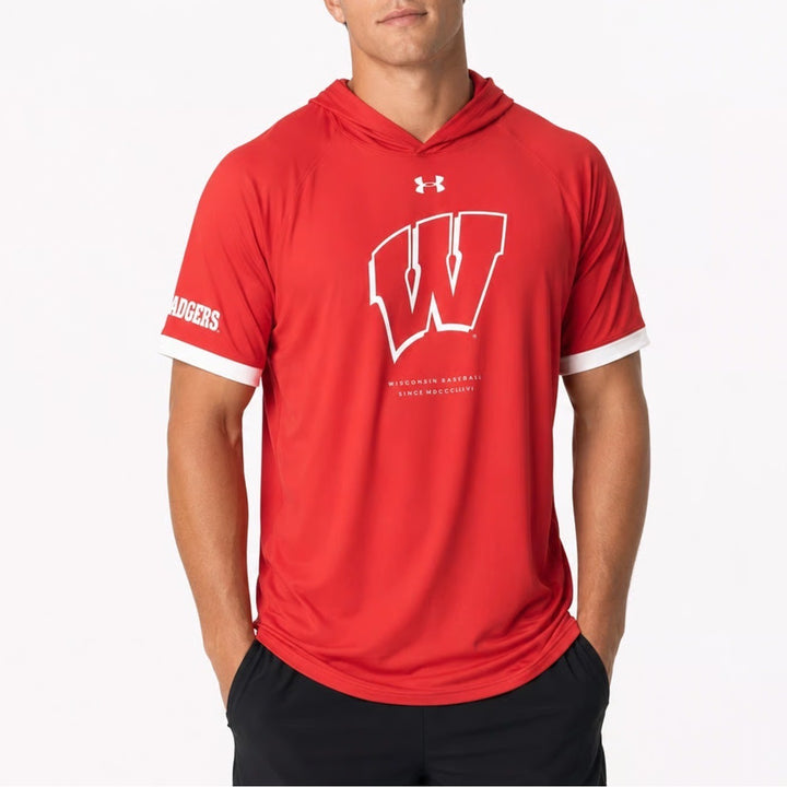 Under Armour Wisconsin Badgers Basketball Short Sleeve Hoodie Red Mens 2XL