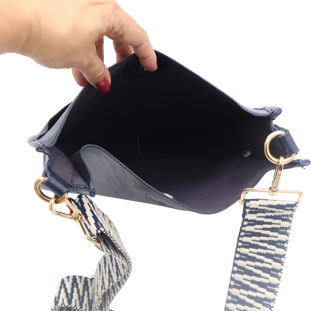 ahdorned Crossbody Bag Womens Medium Messenger Navy Blue Woven Strap Excellent