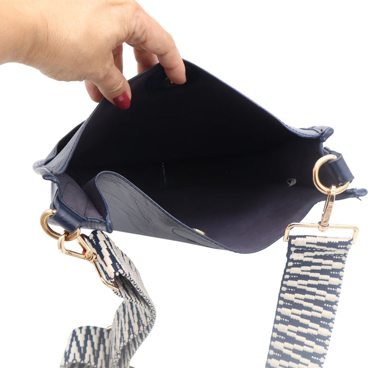 ahdorned Crossbody Bag Womens Medium Messenger Navy Blue Woven Strap Excellent