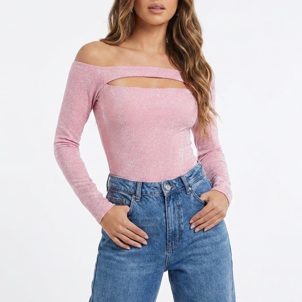 Naked Wardrobe Pink Glitter Off Shoulder Cutout Bodysuit XL Metallic