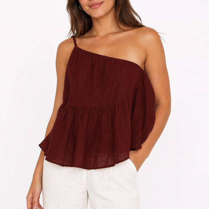Shein Curve Rust Brown One Shoulder Asymmetrical Linen Blend Ruffle Top 0XL