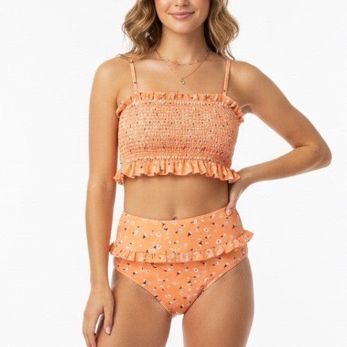 Peach Floral Smocked Bikini Ruffle High Waist Swimsuit XL
