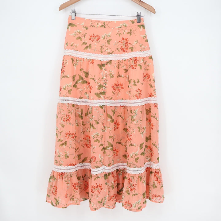 Endless Rose Peach Floral Tiered Midi Skirt Lace Trim Button Front Womens Size S