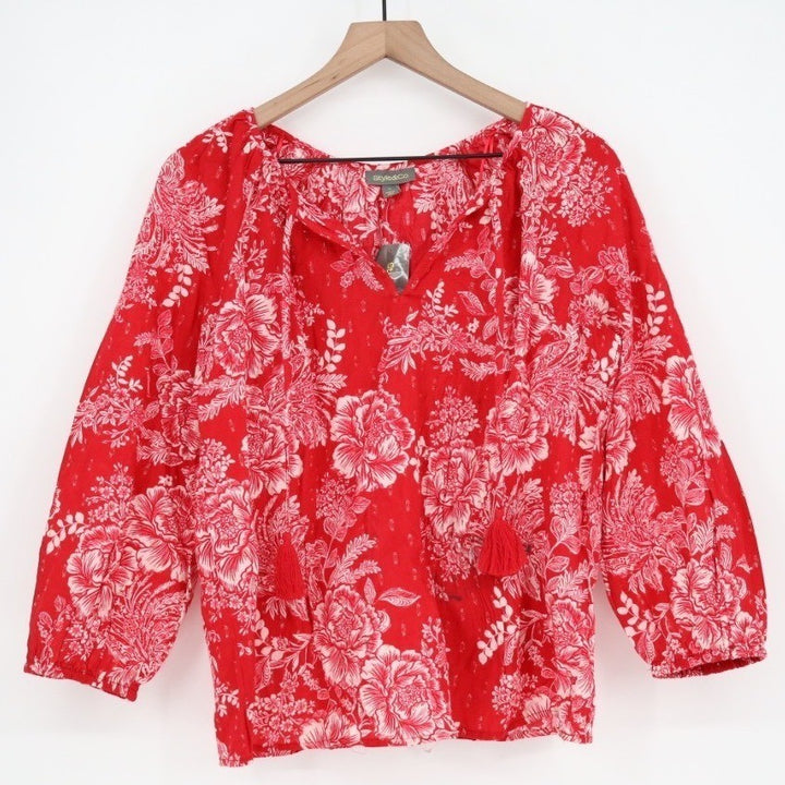 Style & Co Tunic Top Womens Medium Red White Floral Cotton 3/4 Sleeve Split Neck