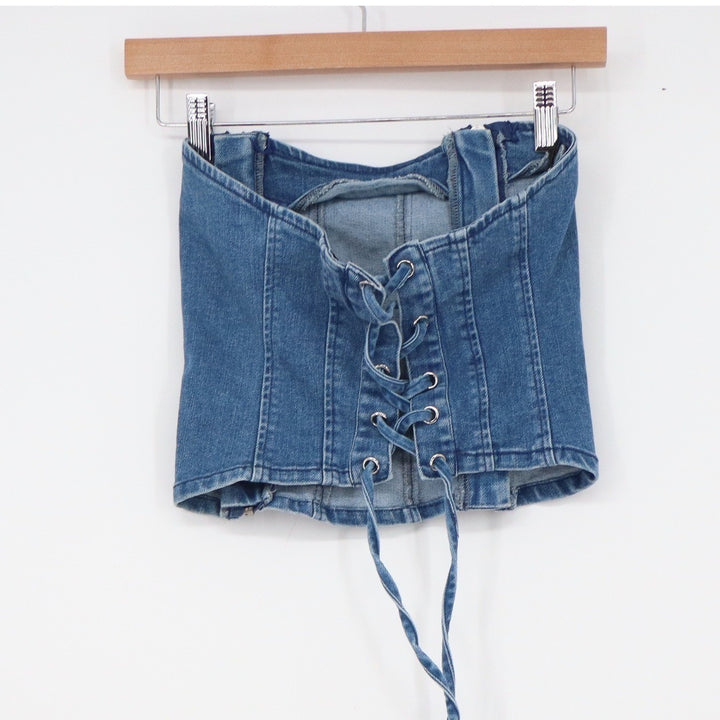 Forever 21 Blue Denim Corset Tube Top Lace Up Back Front Zippers Small
