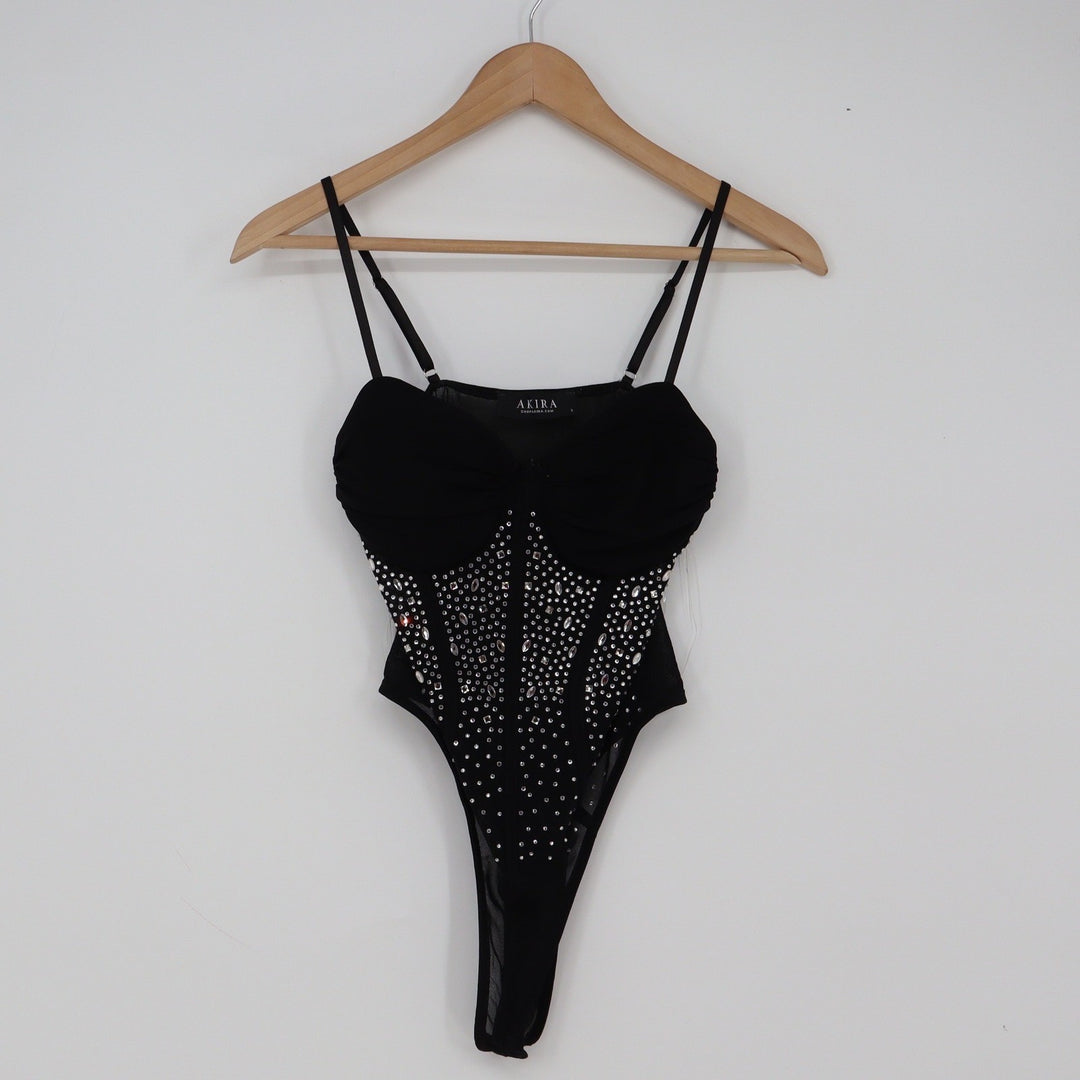 Akira Bodysuit Womens S JT3893 Black Rhinestone Mesh Corset Excellent