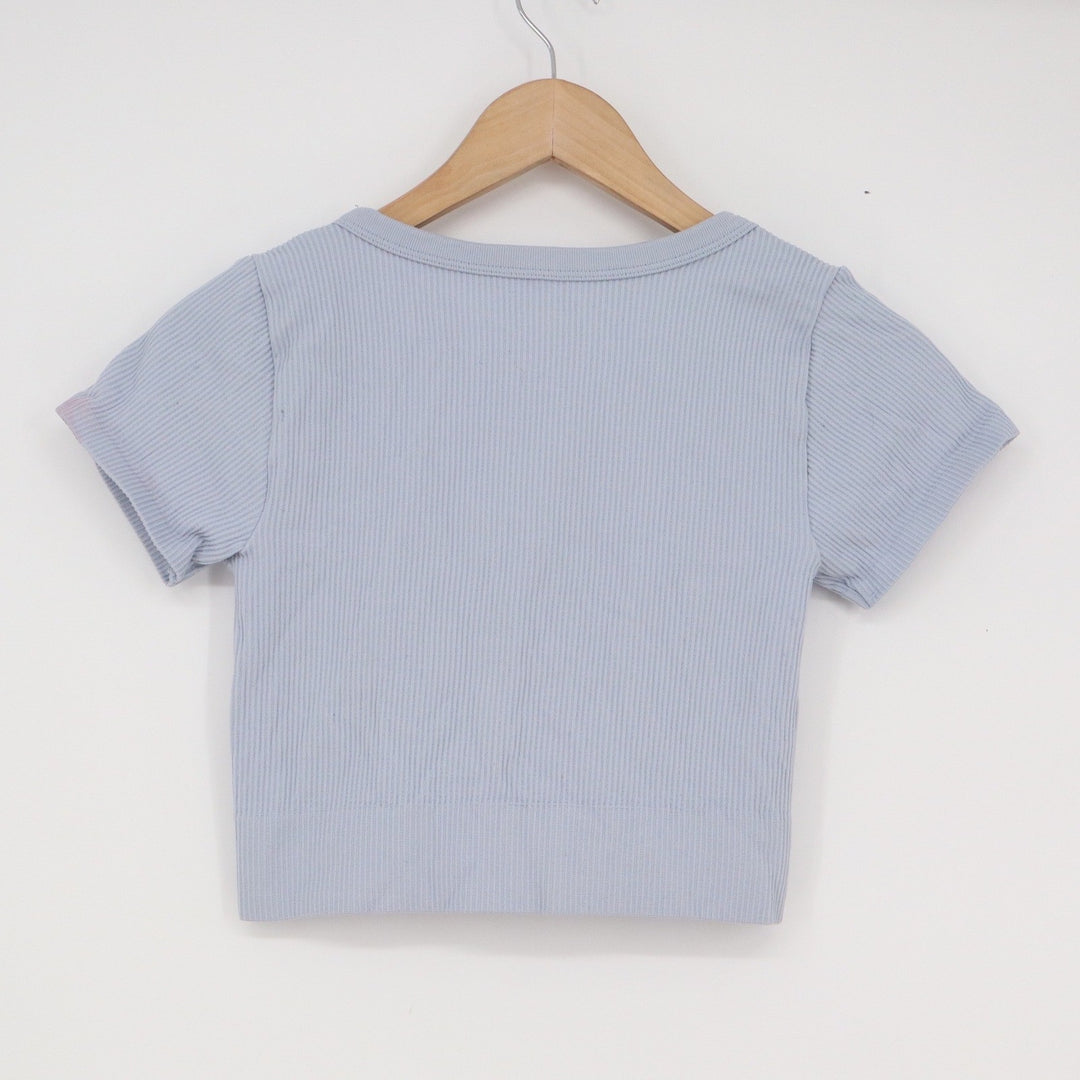 Garage Light Blue Ribbed Deep V-Neck Crop Top Short Sleeve Tee PS