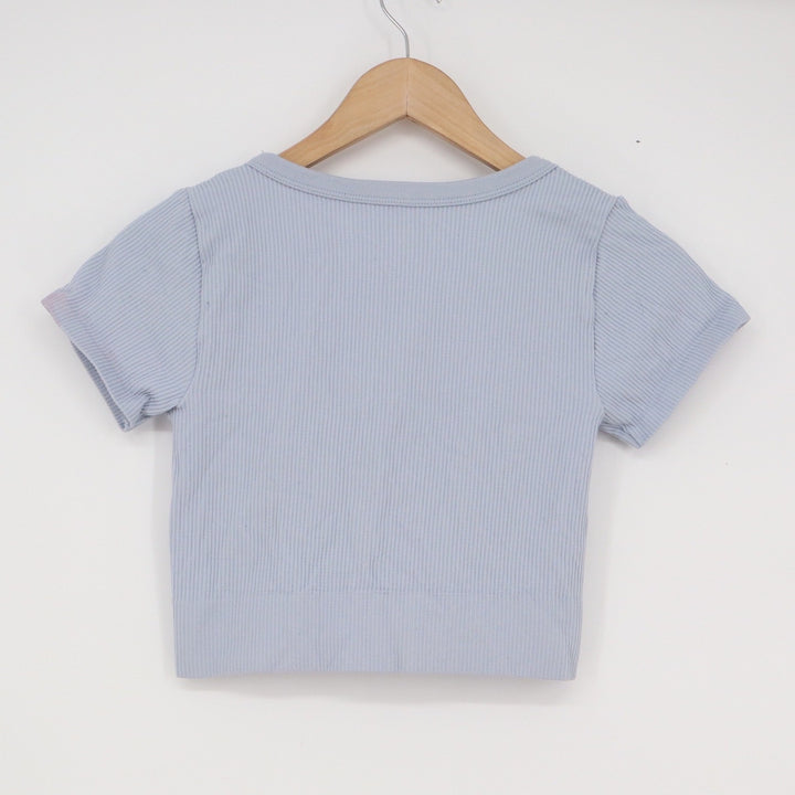 Garage Light Blue Ribbed Deep V-Neck Crop Top Short Sleeve Tee PS