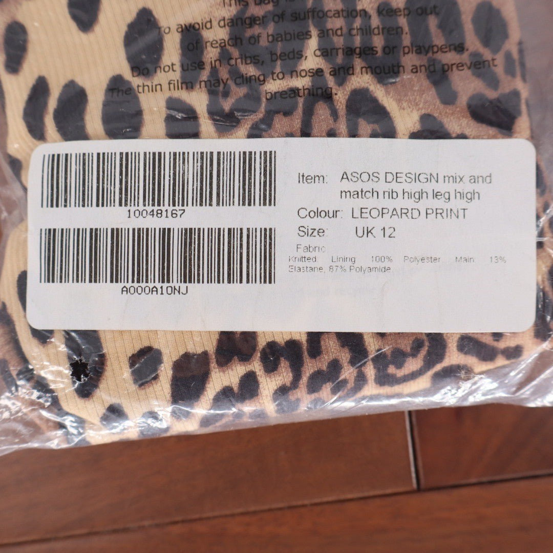 ASOS DESIGN Mix Match Rib High Leg High Bikini Bottoms Leopard Print UK 12
