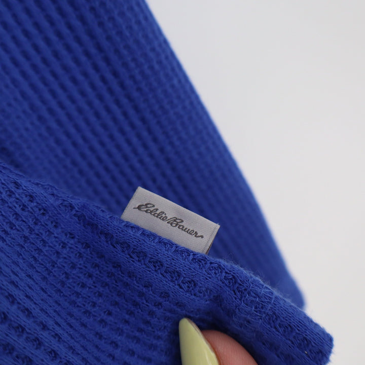 Eddie Bauer Womens XL Blue Waffle Knit Split Neck Raglan Long Sleeve Top
