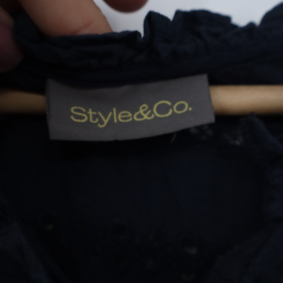 Style & Co Navy Blue Eyelet Embroidered Cotton Blouse 2X Plus Boho Ruffle Top