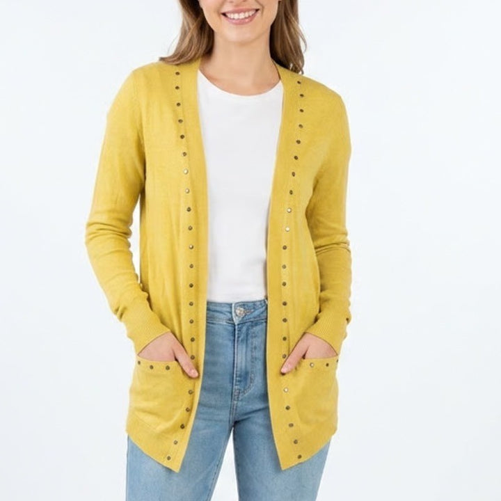 Anne Klein Womens Mustard Yellow Studded Open Front Cardigan Cashmere Blend M
