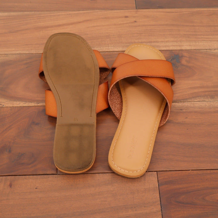 Old Navy Womens Cognac Brown Crisscross Faux Leather Slide Sandals 8.5 Flat