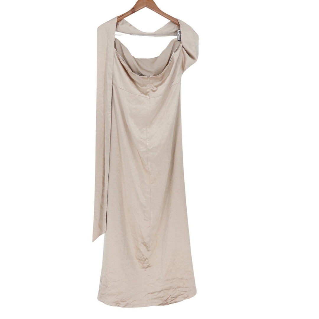 Lulus Champagne Satin Cowl Neck Ruched Maxi Dress XL Sleeveless Side Slit Formal