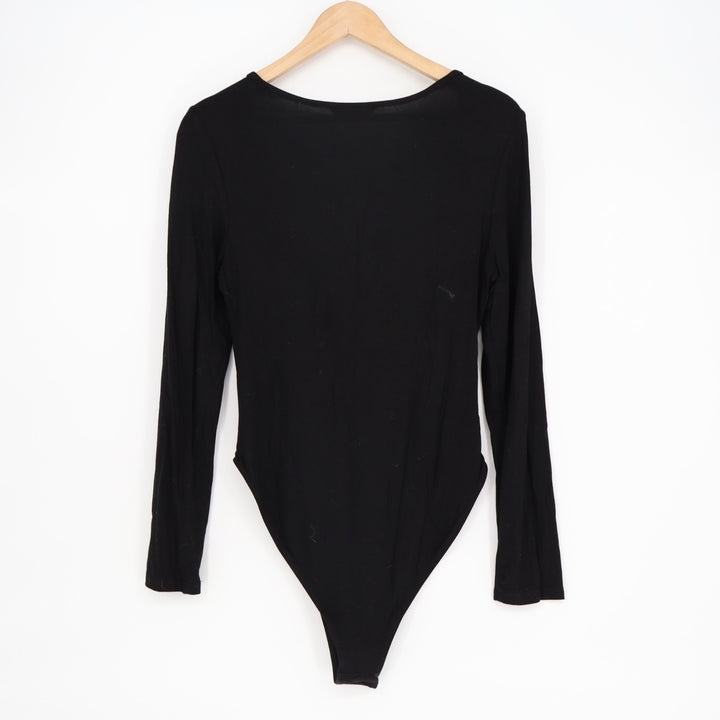 Shein Bodysuit Womens Large Black Stretch Rib Knit Pleated Split Neck One Piece