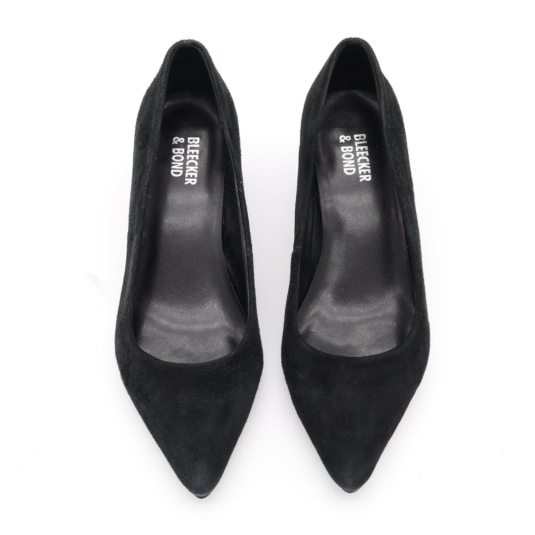 Bleecker & Bond Yasmine Black Suede Pointed Toe Metallic Block Heel Pumps Size 6