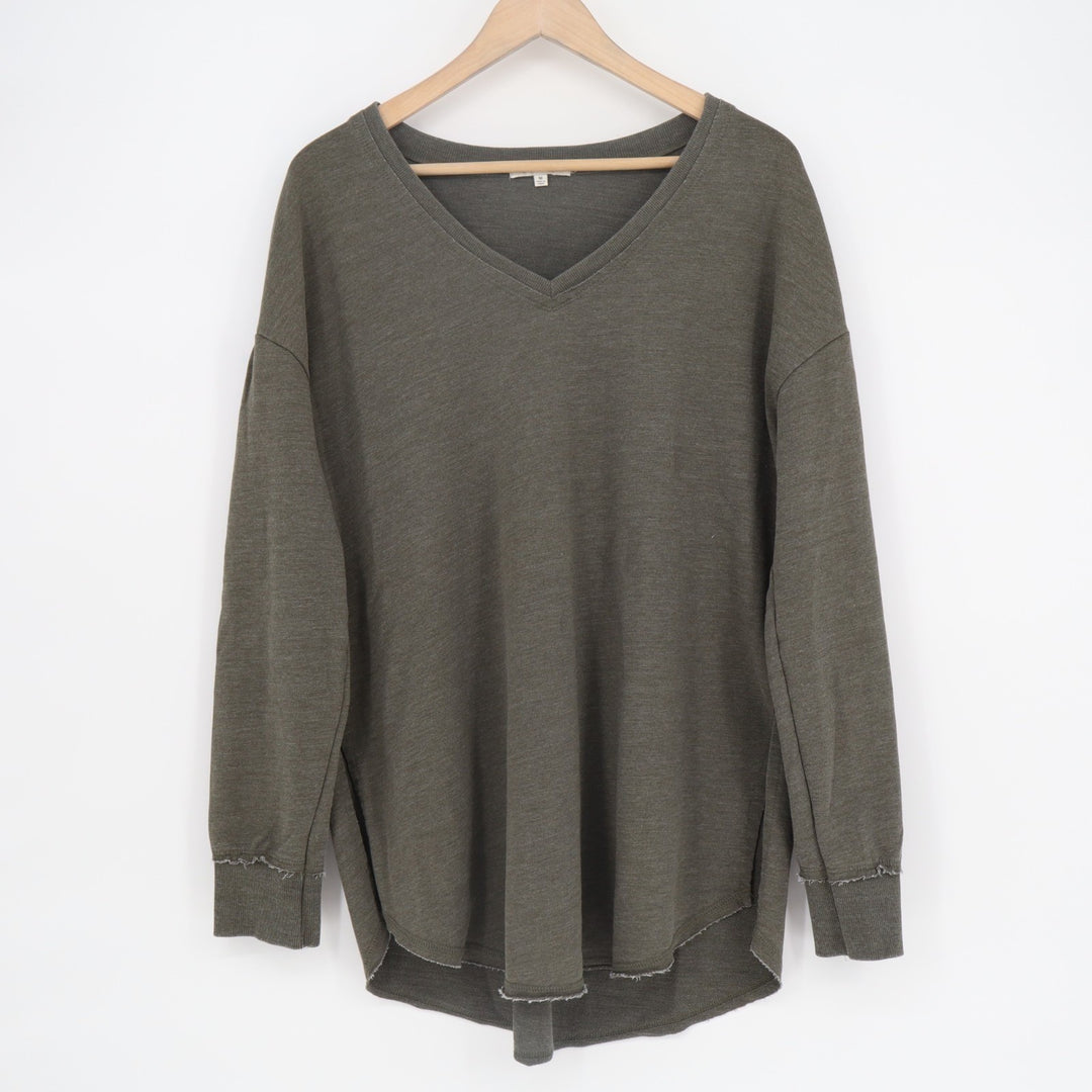 Z Supply Tunic Sweater Womens Medium Dark Green Cotton Raw High Low Hem V-Neck