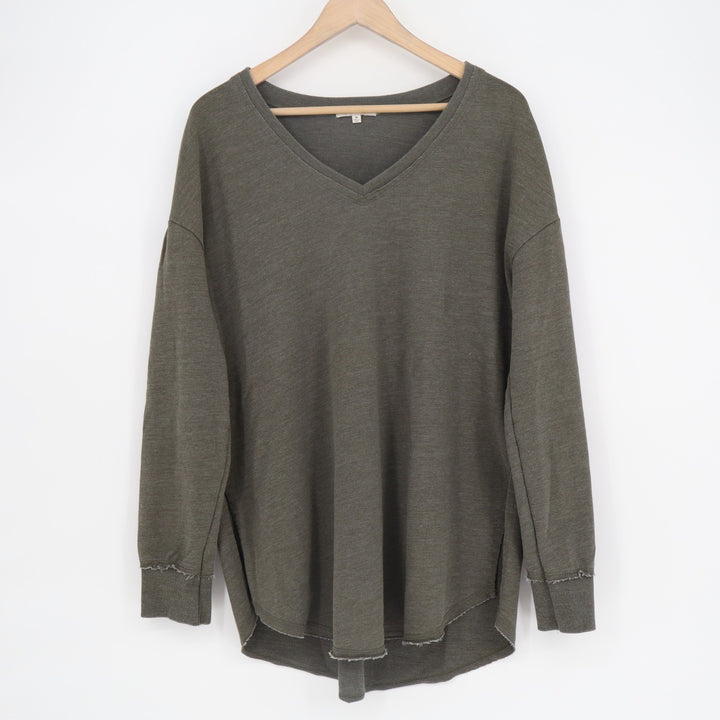 Z Supply Tunic Sweater Womens Medium Dark Green Cotton Raw High Low Hem V-Neck