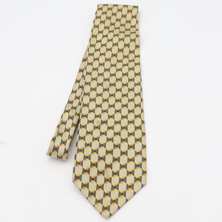 Mens Gold Tan Navy Blue Geometric Box Pattern 100% Silk Necktie Made in Korea