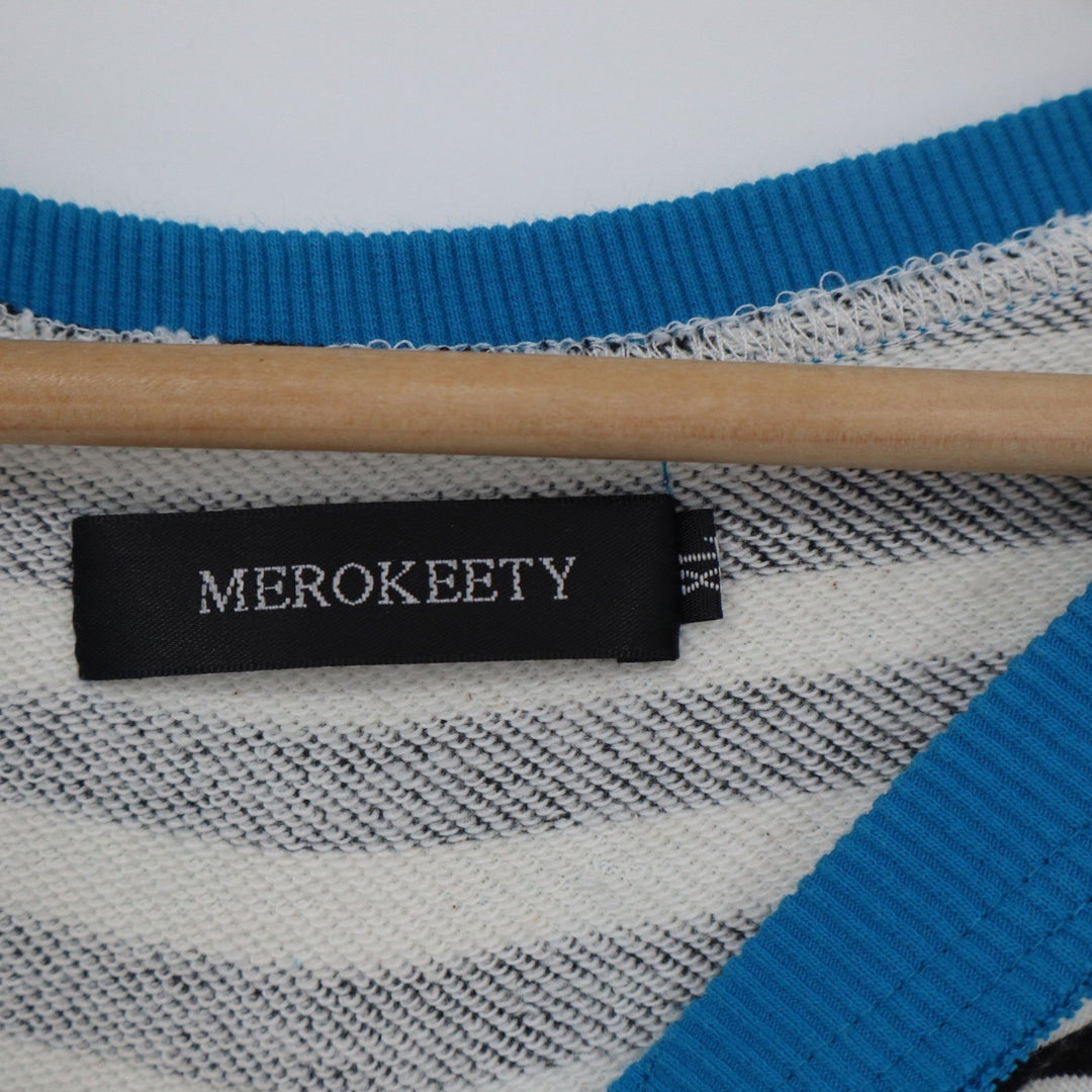 Merokeety Striped Sweatshirt XL Blue Trim Notched V-Neck Pullover Black White