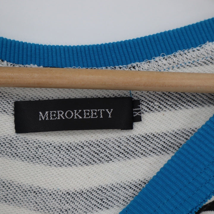 Merokeety Striped Sweatshirt XL Blue Trim Notched V-Neck Pullover Black White