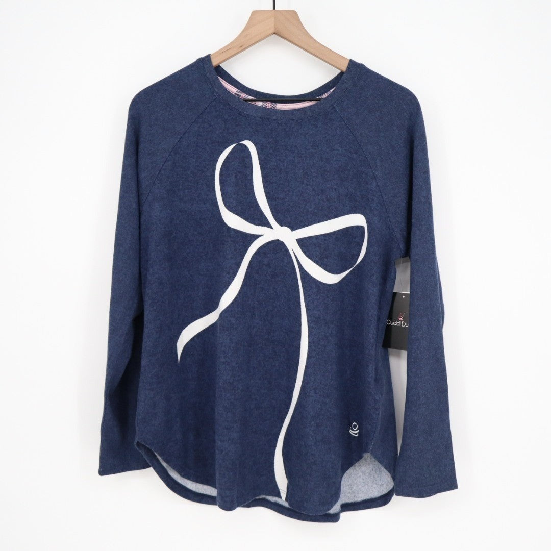 Cuddl Duds Pajama Shirt Womens Medium Blue Bow Print Stretch Raglan Long Sleeve