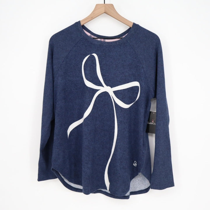 Cuddl Duds Pajama Shirt Womens Medium Blue Bow Print Stretch Raglan Long Sleeve