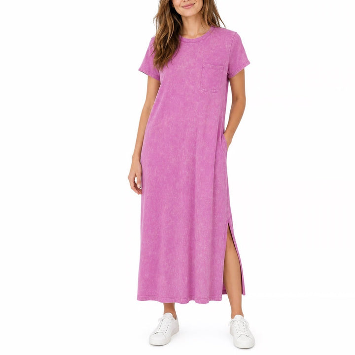 Time and Tru Pink Acid Wash Cotton T-Shirt Midi Dress with Pocket Small 4-6