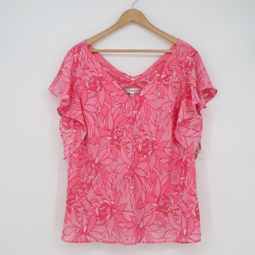 Dressbarn Woman Pink Floral Sequin Ruffle Sleeve V-Neck Blouse Top 18W NEW