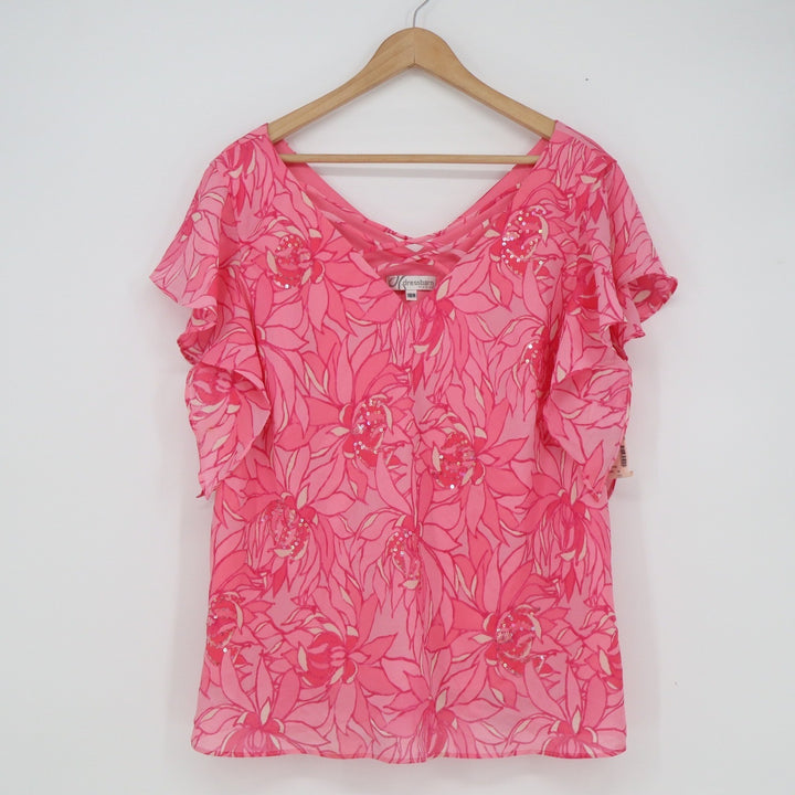 Dressbarn Woman Pink Floral Sequin Ruffle Sleeve V-Neck Blouse Top 18W NEW