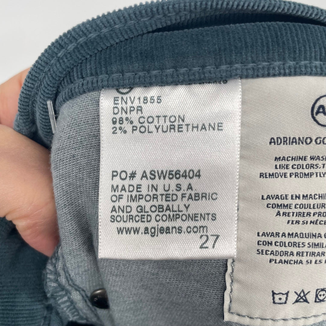 AG Adriano Goldschmied The Prima Ankle Cigarette Corduroy Pants Teal Size 27