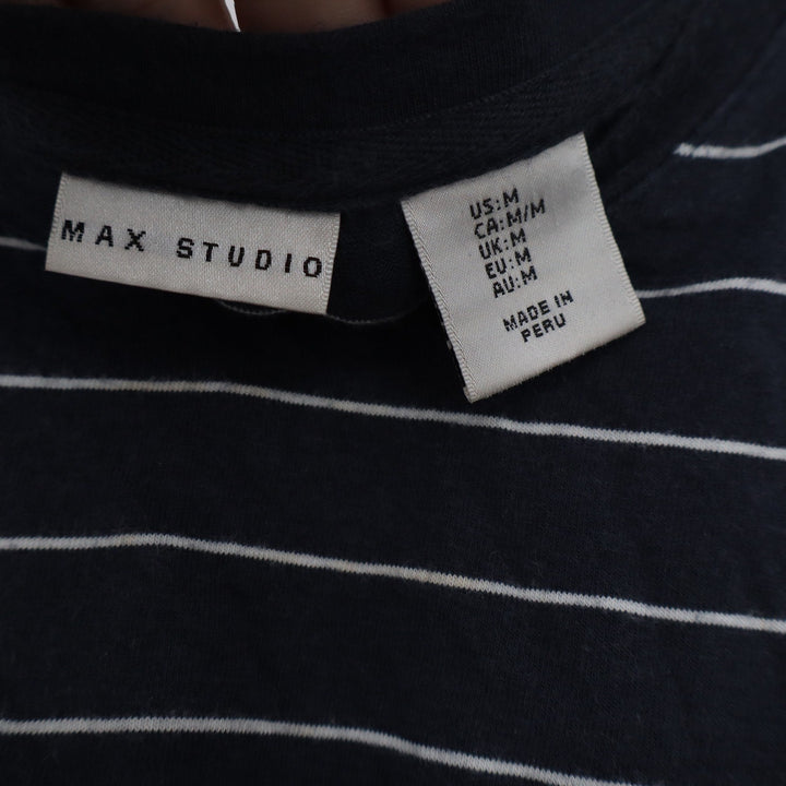 Max Studio Navy Blue White Striped Pima Cotton Modal Short Sleeve Tee Shirt M