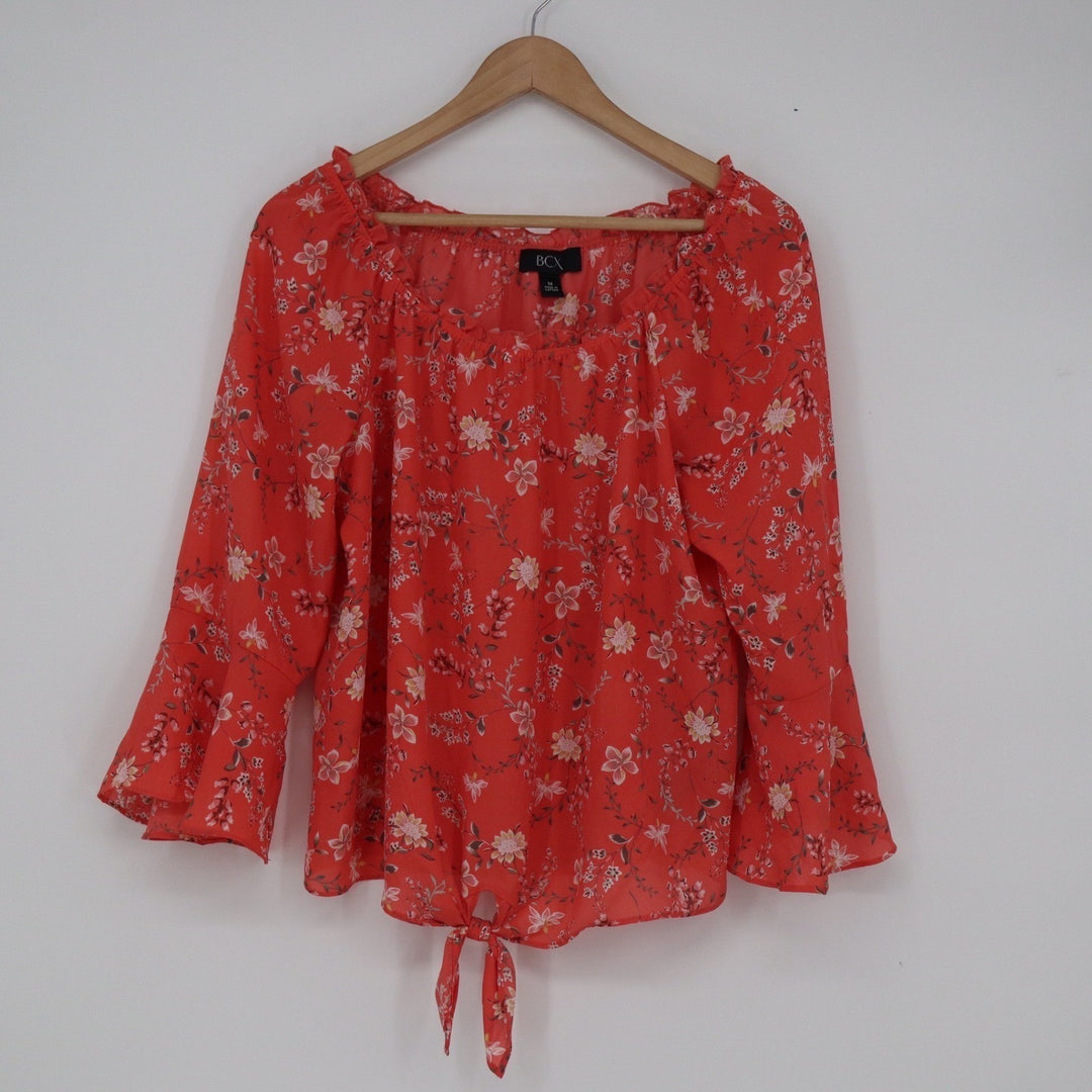 BCX Coral Red Floral Bell Sleeve Tie Front Chiffon Blouse Top Medium