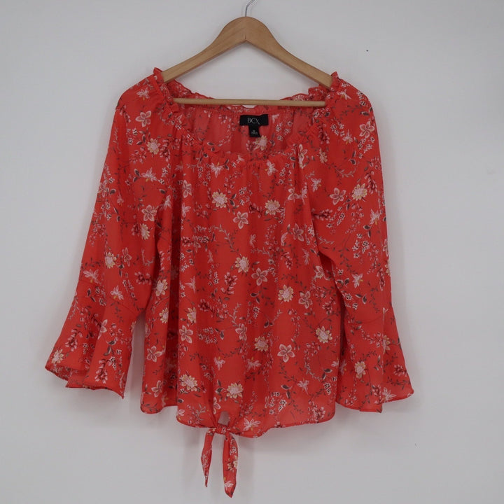 BCX Coral Red Floral Bell Sleeve Tie Front Chiffon Blouse Top Medium