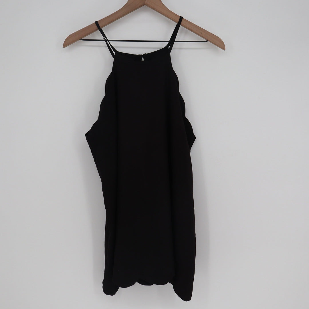 Black Scalloped Halter Top Sleeveless High Neck Keyhole Blouse Large