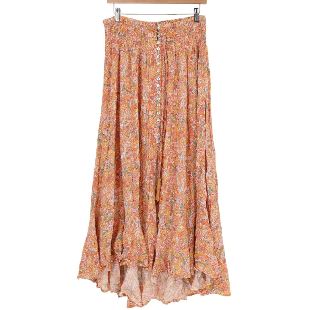 Rachel Zoe Maxi Skirt Womens XL Orange Floral Pleated Smocked Waist Button Front