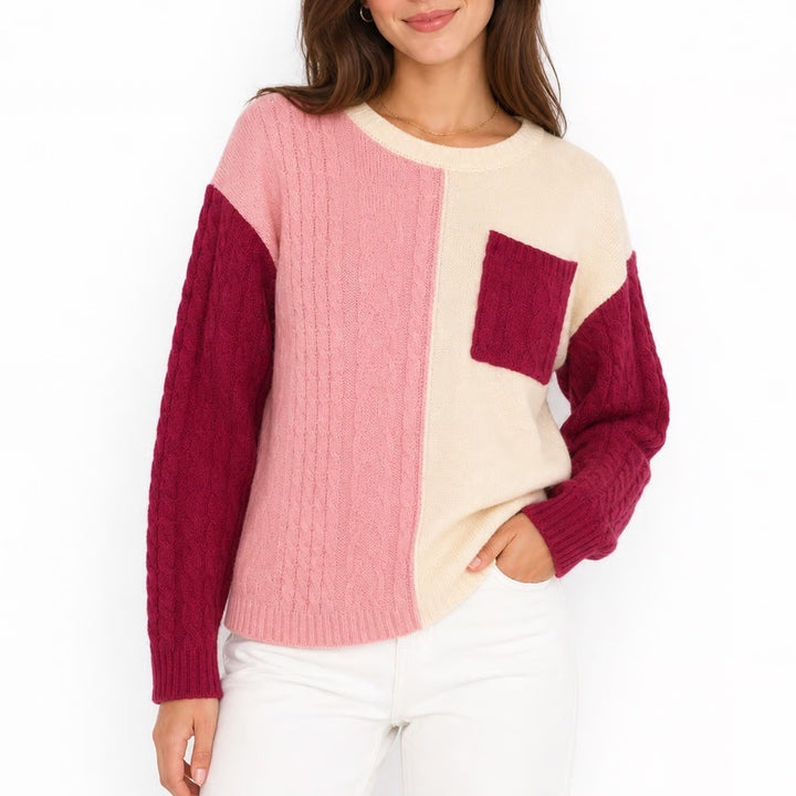 Small Town Sisters Boutique Colorblock Cable Knit Sweater Cream Pink Burgundy S