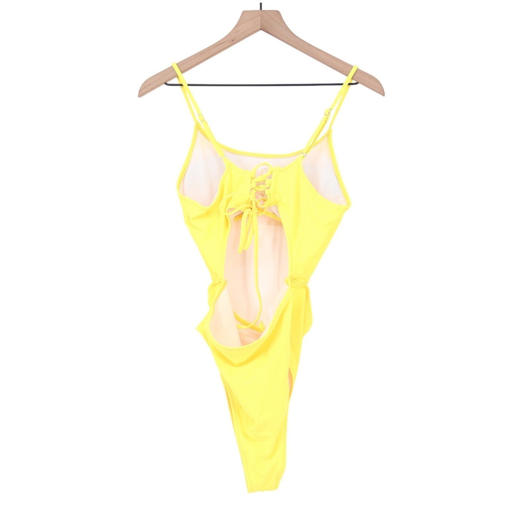 Yellow Cutout Lace Up Back One Piece Swimsuit High Cut XL