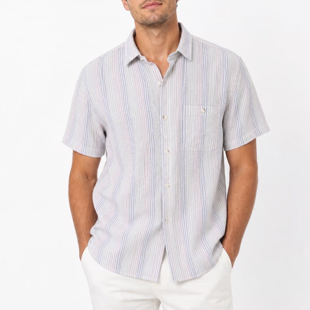 Even Tide Mens Slim Fit Linen Cotton Striped Short Sleeve Button Down Shirt L