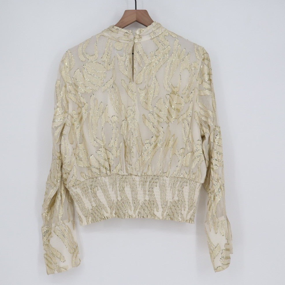 Parker The Piper Top Womens XL Gold Ivory Keyhole Cutout Mock Neck Smocked Hem